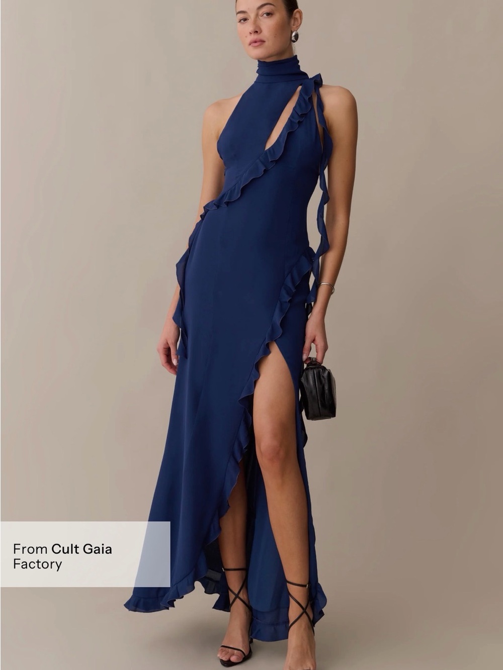 Cult Gaia Navy One-Shoulder Ruffle Maxi Dress with Side Slit